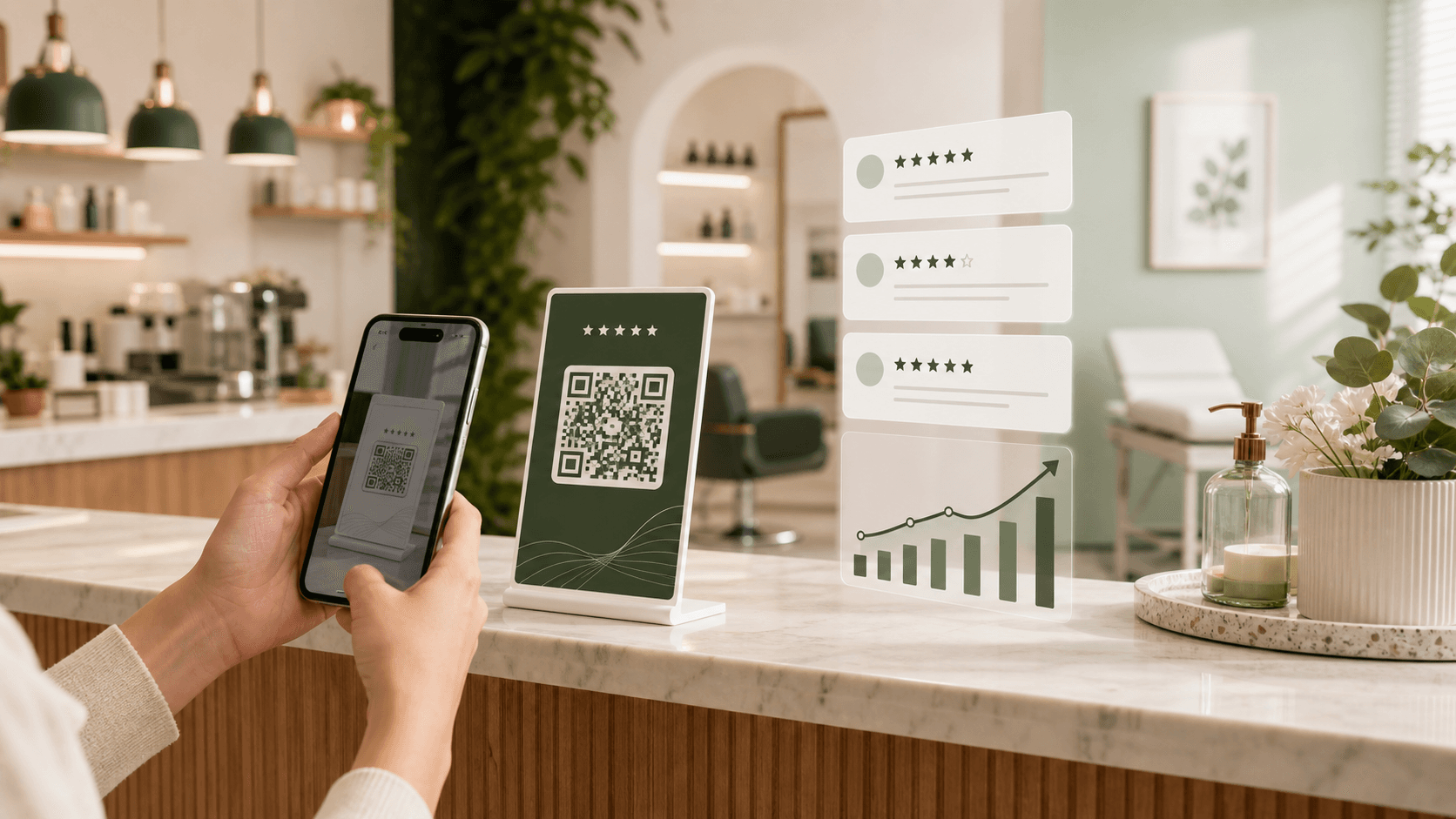 ClariFlow QR review stand with mobile scan and review growth visuals